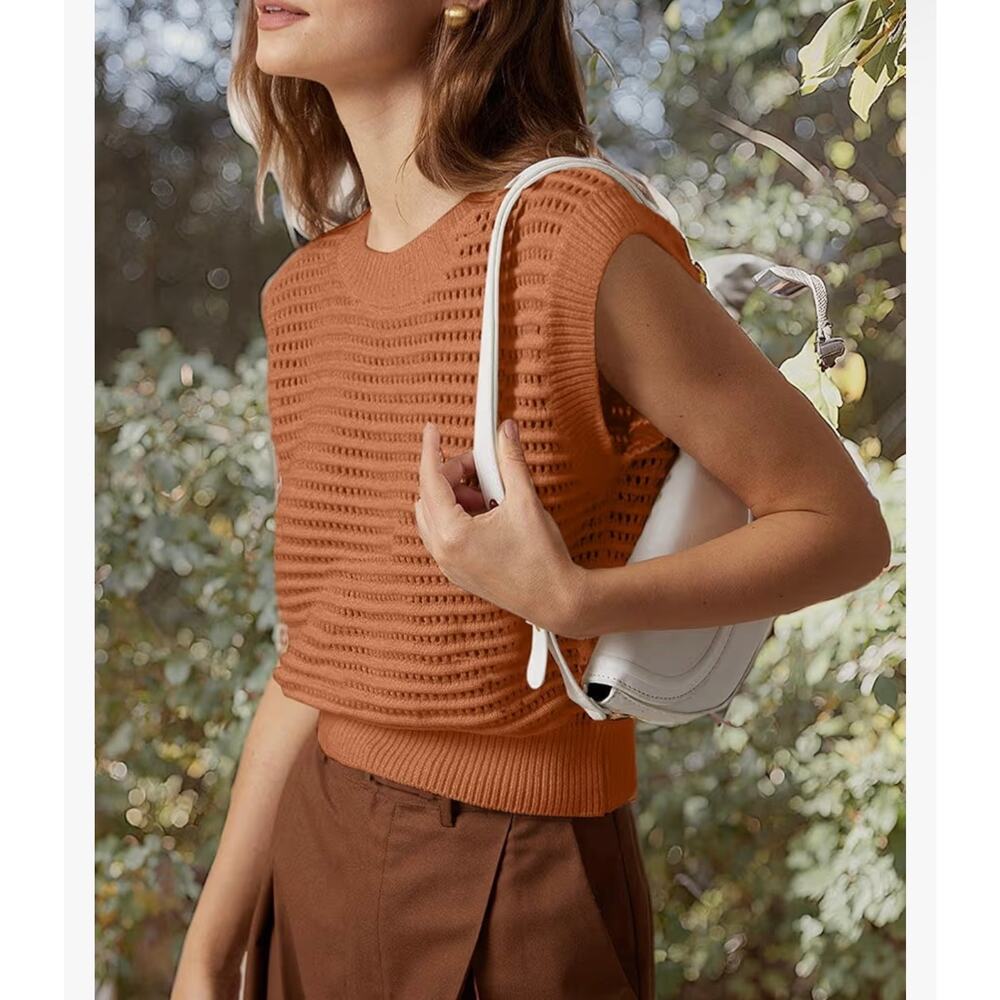 Women's Summer Knit Sweater Vest Cap Sleeve Crew Neck Ribbed Pullover Tank Tops